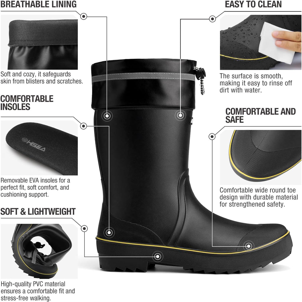Men's Rain Boots Waterproof PVC Rubber Mud Boots, Lightweight Comfort Mid-Calf Work Boots, Garden Shoes for Fishing