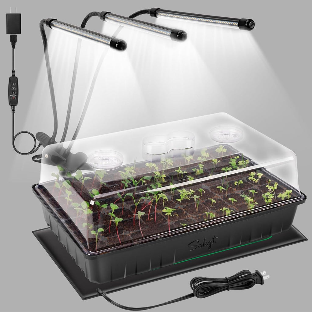 60 Cell Seed Starter Kit with Grow Light and Heat Mat, Seed Starter Tray with Higher 4.3” Humidity Dome, Flexible