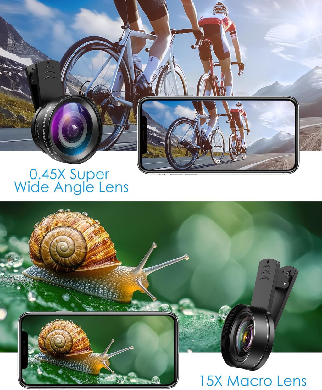 Phone Camera Lens, 0.45X Super Wide Angle & 15X Macro Lens Kit | Clip-On, Professional Lens Kit, for iPhone, Samsung