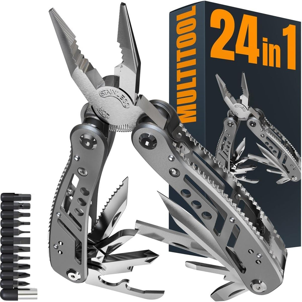 24-in-1 Multitool with Knife, Pliers & 11 Bits Sharp Stainless Steel - Multi Tool for Men - Ideal Gear with Tools for