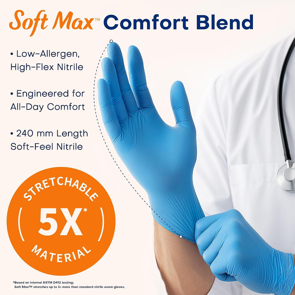 Medical Soft Max Nitrile Exam Gloves Powder-Free Disposable 100 Ct | Soft Stretch Fit • Powder-Free • Latex-Free •