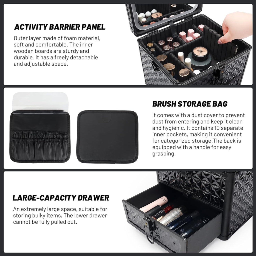 Makeup Case with Drawer, Detachable Lighted LED Mirror, Travel Vanity Organizer, Portable Cosmetic Train Case