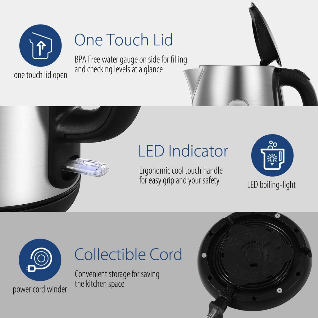 Stainless Steel Electric Kettle, 1.7 Liter Tea Kettle Electric & Hot Water Kettle, 1500W Fast Boil with LED Light