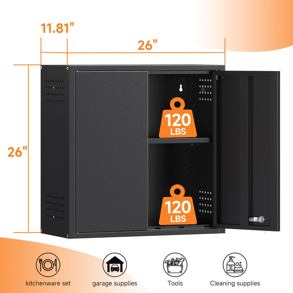 26" H Garage Wall Cabinet with Lockable Doors and Adjustable Shelf