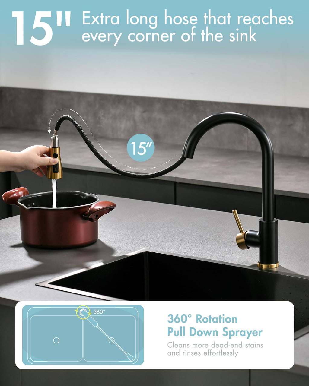 Black and Gold Kitchen Faucet with Pull Down Sprayer