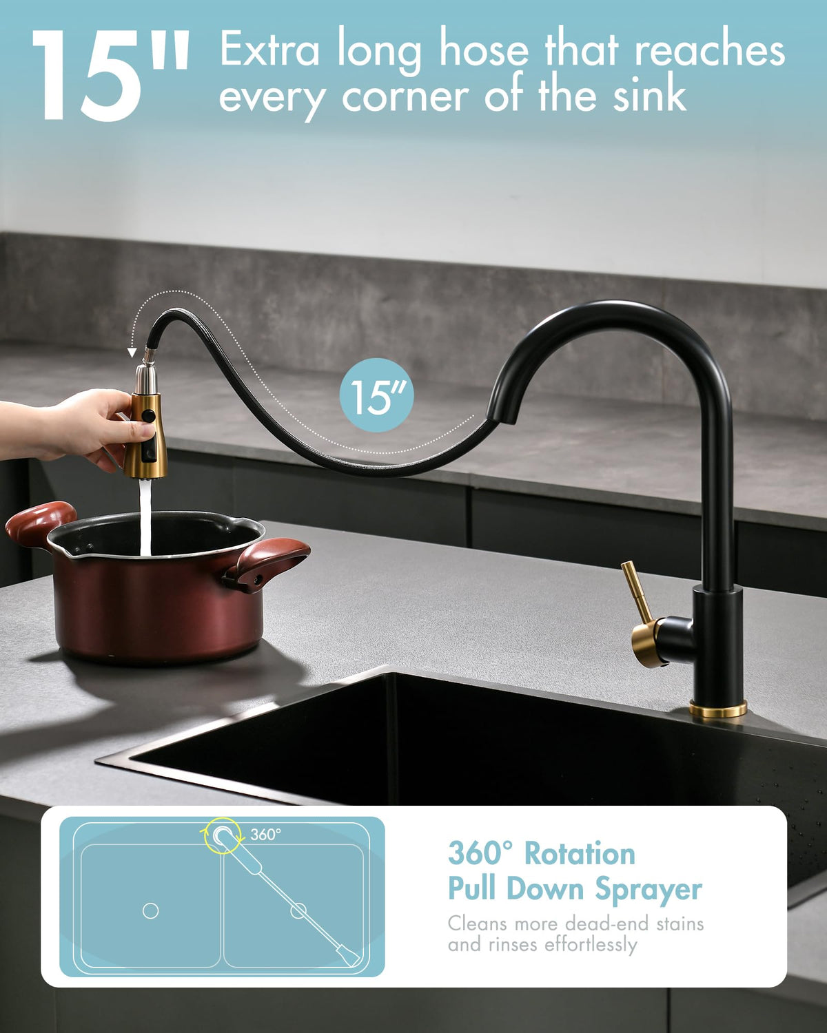 Black and Gold Kitchen Faucet with Pull Down Sprayer