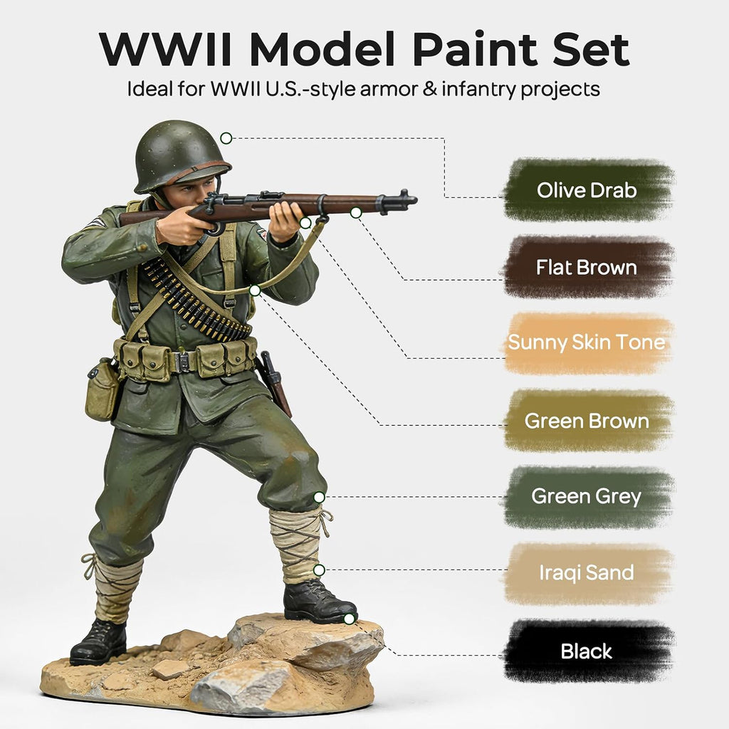 10 Colors WWII U.S. Model Paint Set, 20ml Ready to Use | Modeling Acrylic Paints, Brush & Airbrush, Miniature Paint