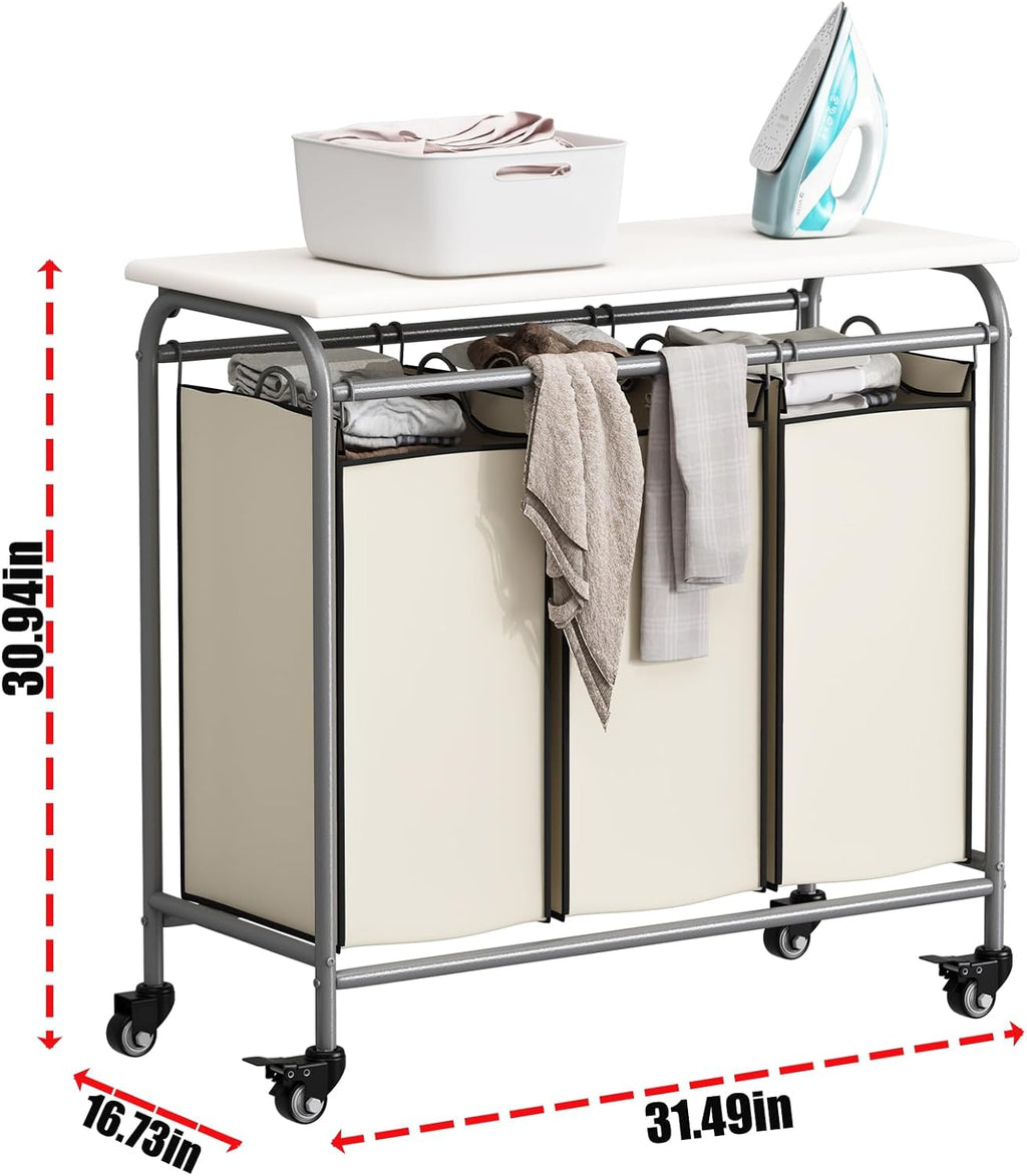 3-Bag Laundry Hamper with Ironing Board, Beige 135L Laundry Sorter | Laundry Room Organization with Heavy Duty