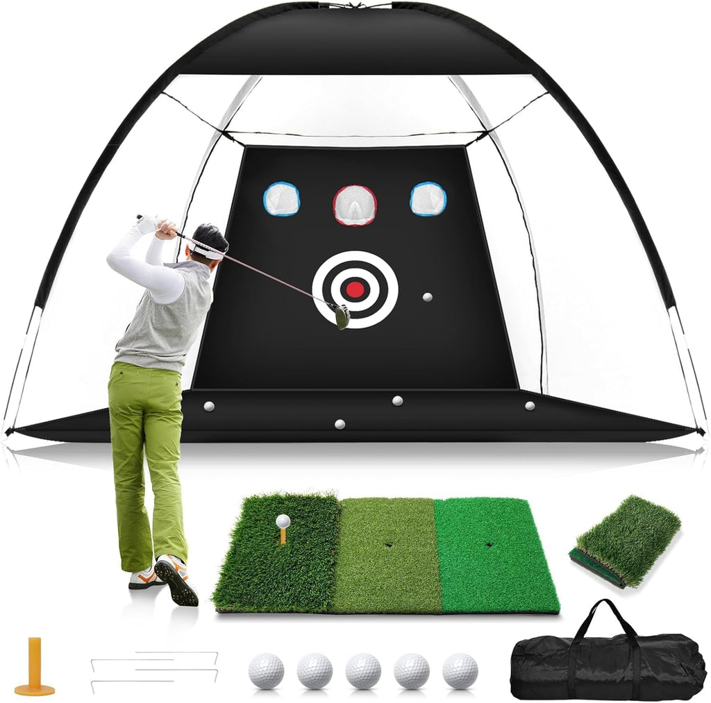 Golf Net, 10x7FT Home Golf Hitting Aids Equipment with Foldable Tri-Turf Mat for Backyard Driving Chipping Swing with