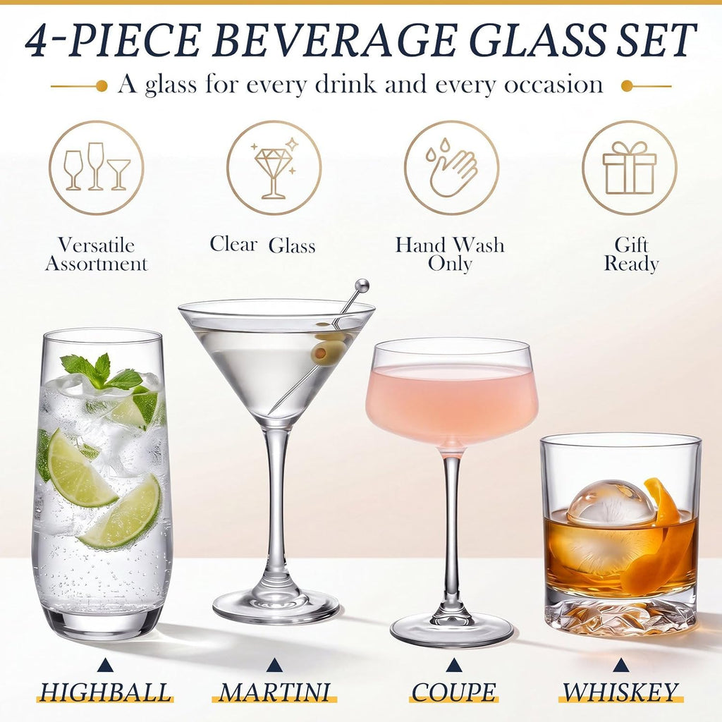 4 Set Cocktail Glasses Mixed Drinkware,4-piece Assorted Set