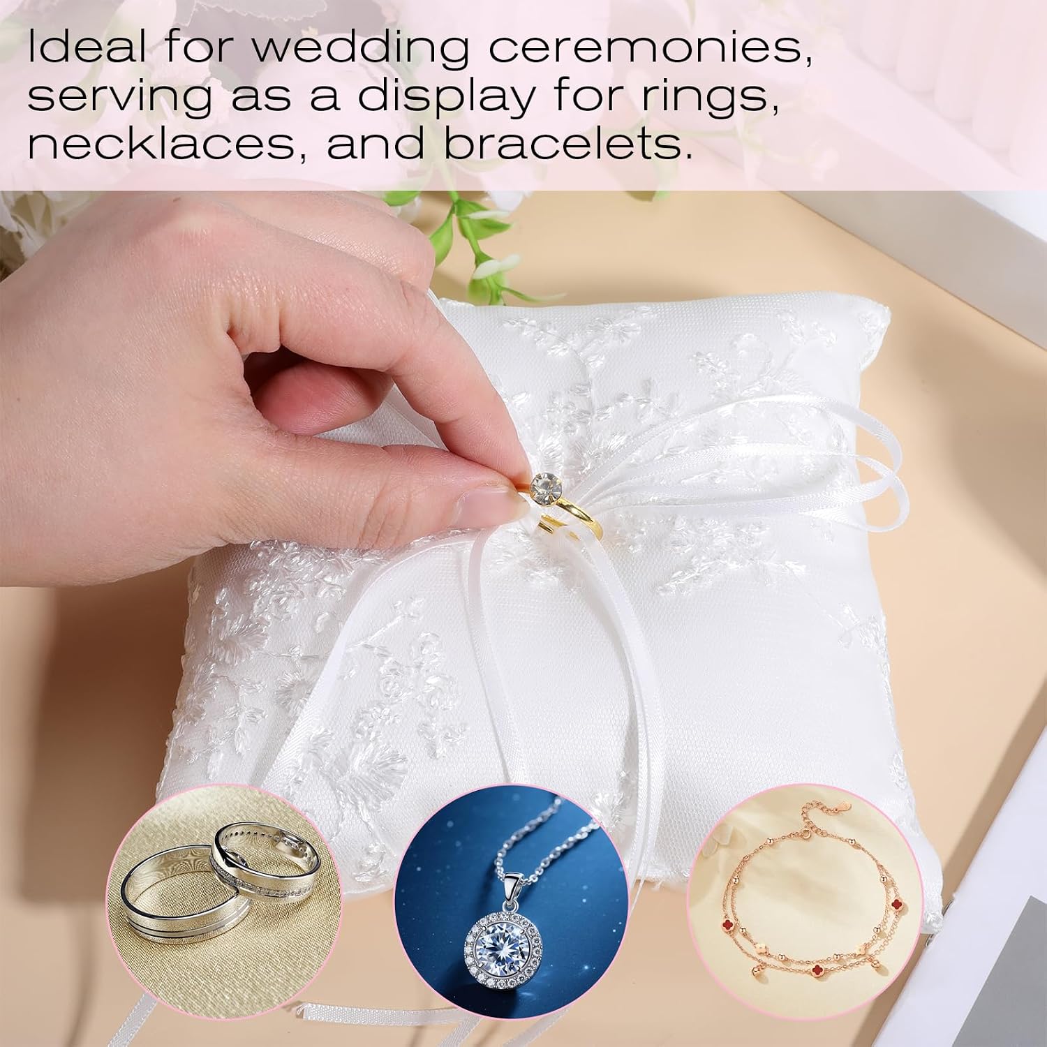 Wedding Ring Bearer Pillow, White Lace Trim Cotton Cushion Elegant Ring Holder for Wedding Ceremony and Proposal