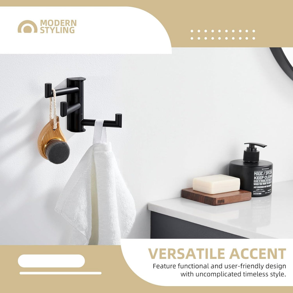 Swivel Towel Hook 3 Arms, Robe Coat Wall Hook, Matte Black | SUS304 Stainless Steel, Foldable Hand Bath Towel Holder