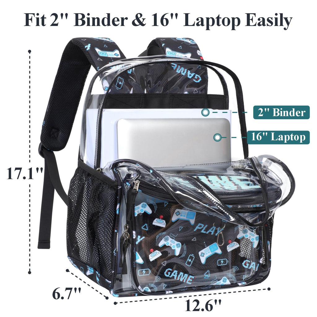 Clear Backpack for School - 17 Inch Game Patterned Bookbag, Black
