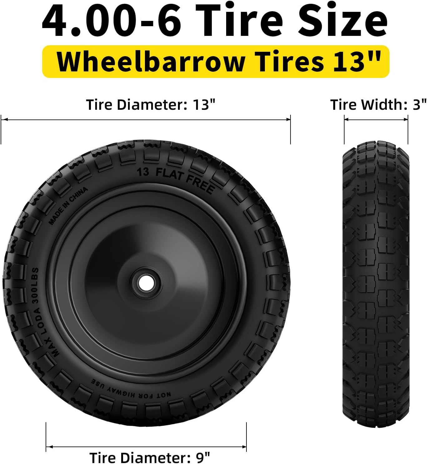 4.00-6 Flat Free Tire and Wheel, 13 Inch Solid Garden Wheelbarrow Tires, 300Lbs with 5/8" & 3/4" Axle Hole, 1"-3.5"