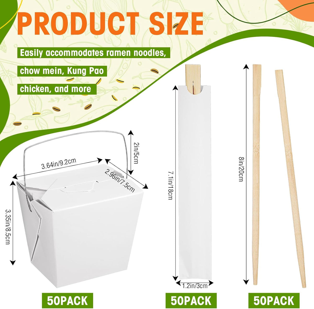 50 Set 16 oz Chinese Takeout Boxes with Chopsticks, Metal Handle