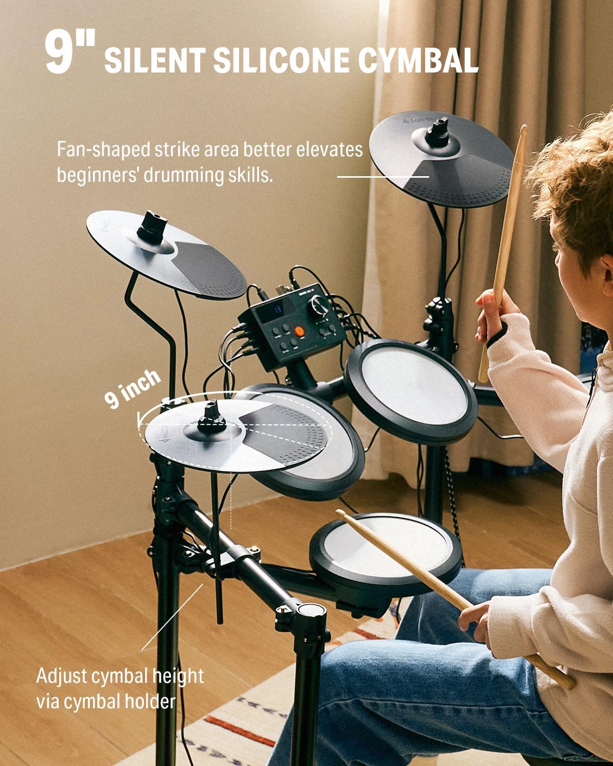 Electric Drum Set, DED-70 Electronic Drum Kit for Beginner with 150 Sounds, 4 Quiet Mesh Pads, 9" Cymbals, USB MIDI