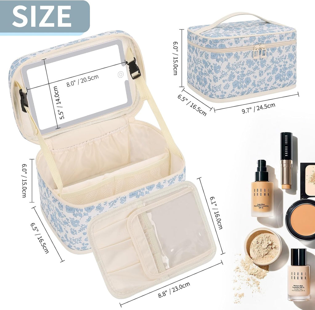 Makeup Bag With LED Mirror, Lightweight Travel Makeup Bag With 3 Color Setting Light Up Mirror Cosmetic Makeup