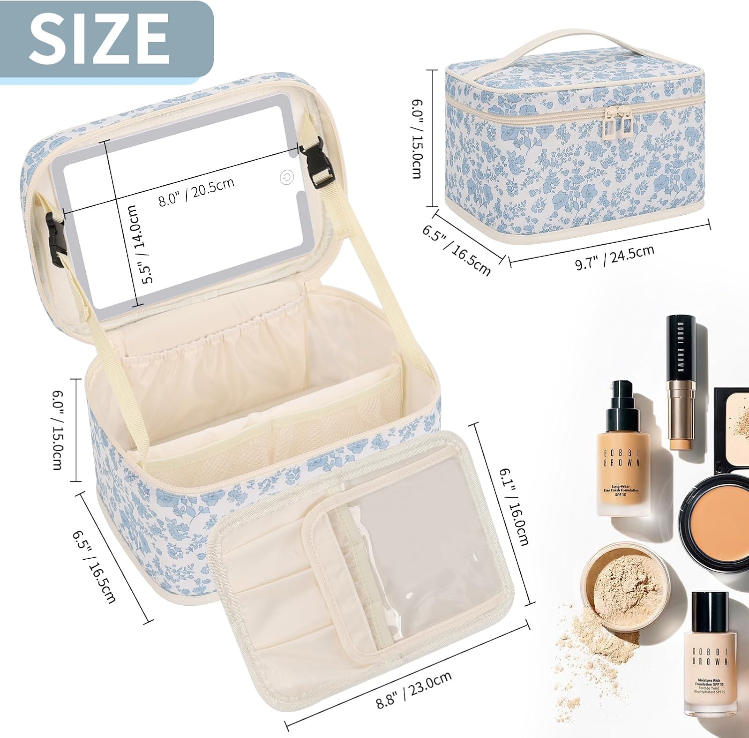 Makeup Bag With LED Mirror, Lightweight Travel Makeup Bag With 3 Color Setting Light Up Mirror Cosmetic Makeup