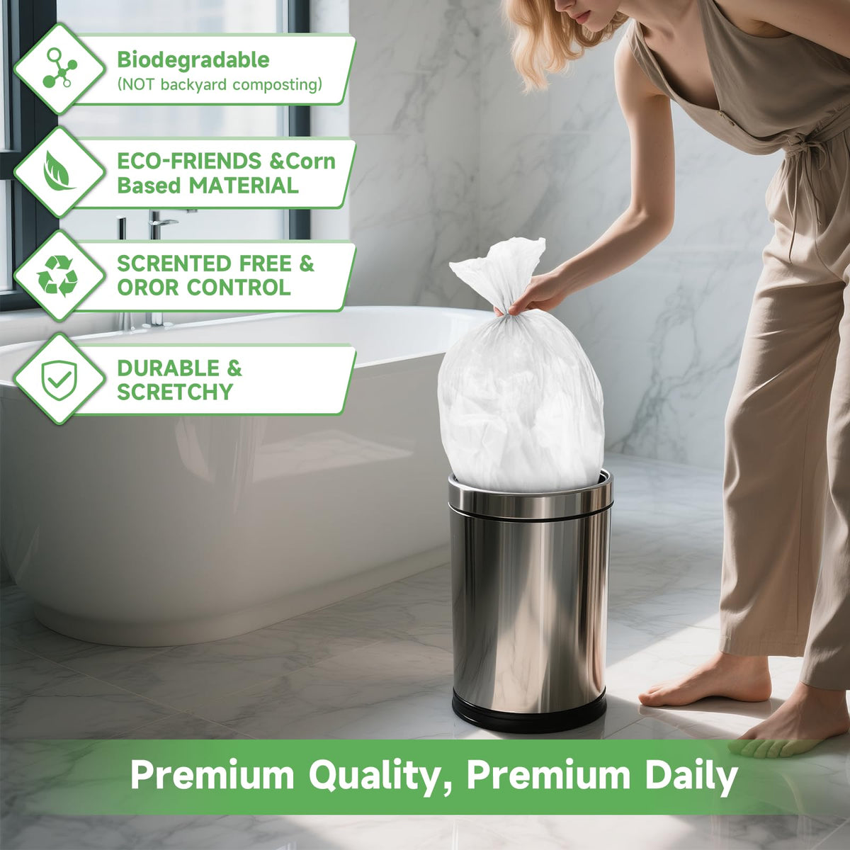 Small Compostable Trash Bags 2.6 Gallon - 100 Count Unscented Biodegradable Garbage Bag Bulk Clear White Durable