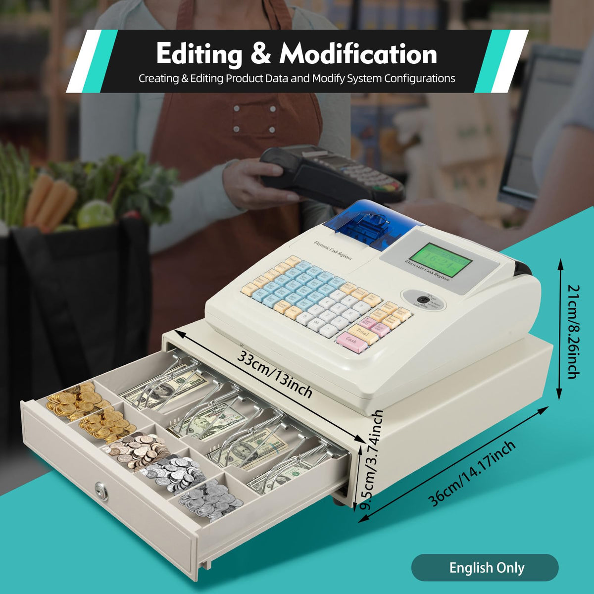 Electronic Cash Register,35W 8-Digital LED 48 Keys