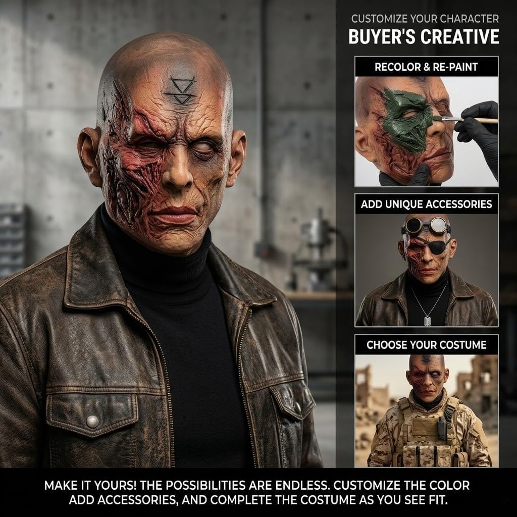 Scary Halloween Mask Realistic Bald Man Creepy Zombie Face Cover Latex Burn Mutant Headpiece for Adult Cosplay Props
