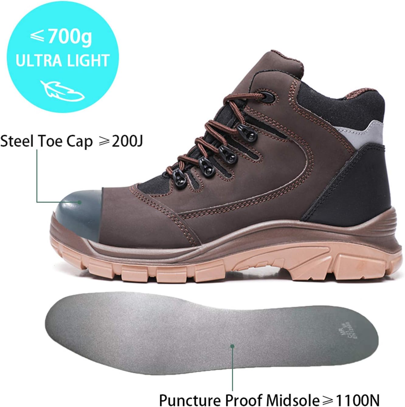 Men's Steel Toe Work Boots Water Resistant Safety Shoes
