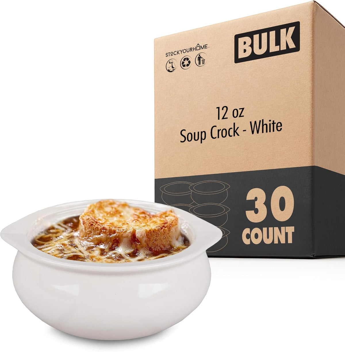 French Onion Soup Crocks 12 oz (30 Count), White Ceramic Bowls, Oven and Dishwasher Safe