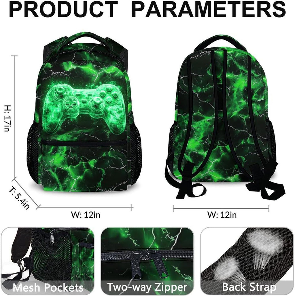 Kids Backpack, Cool Green Gamer Bookbag for Boys 6-8, Boys Gift for Birthday, 17 Inch Leisure Backpack for School