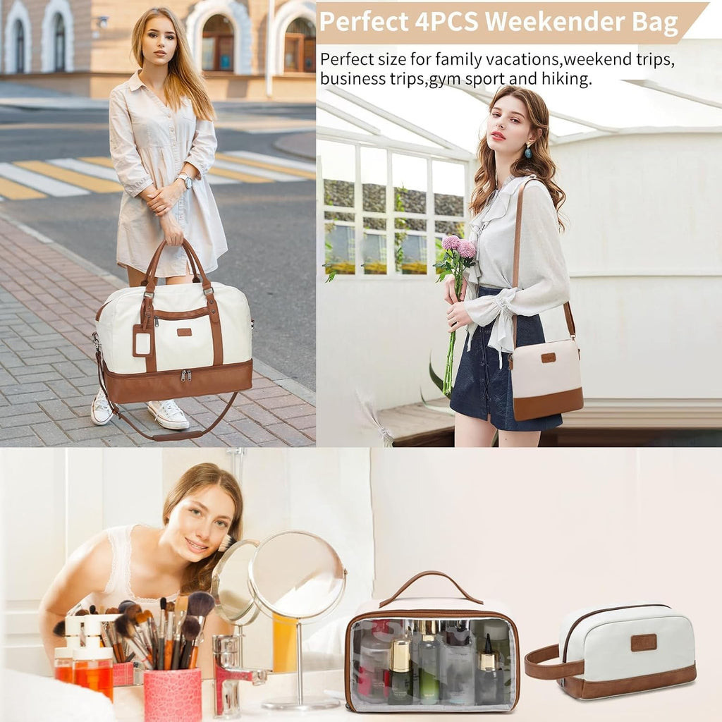 4PCS Weekender Bags for Women Large Overnight Weekend Travel Duffel Carry on Shoulder with Shoe Compartment Canvas