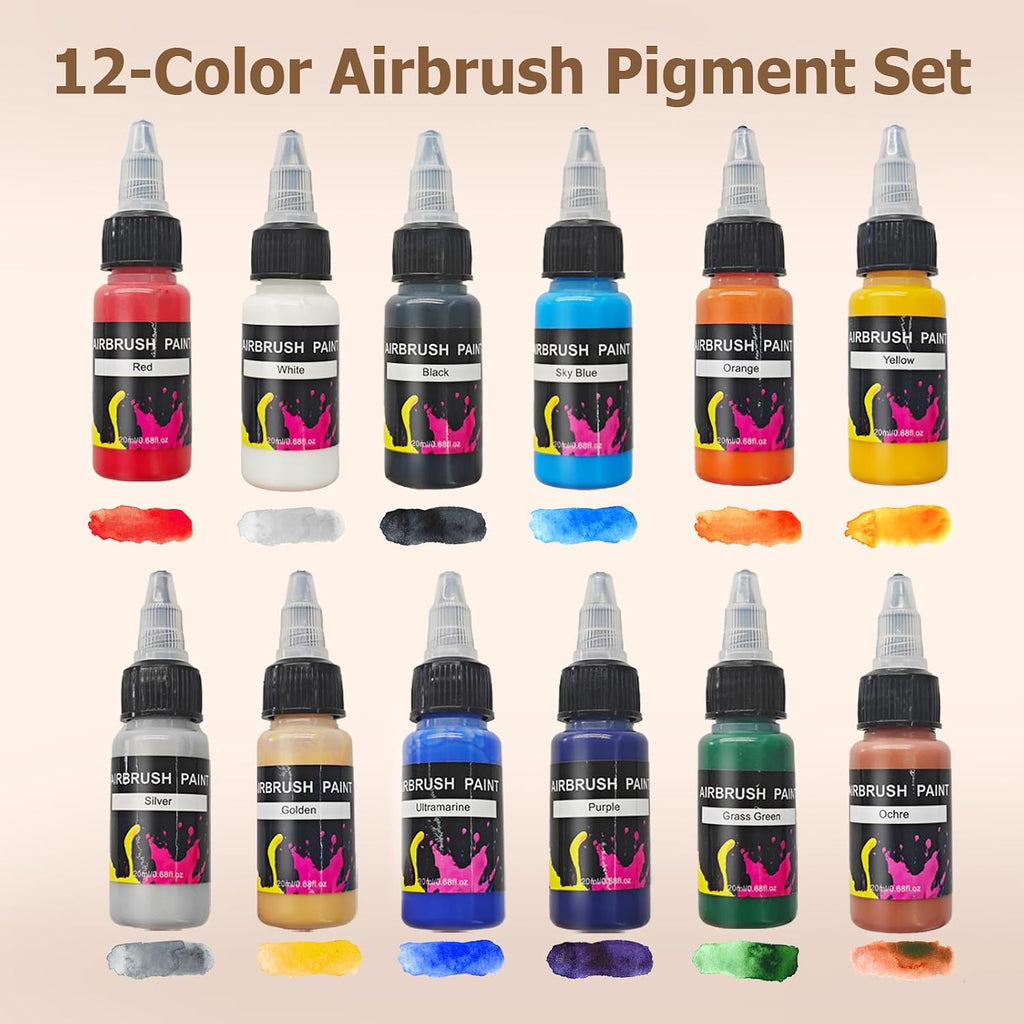 Airbrush Kit, 27PSI Air Brush Gun Set with Air Compressor & 12 Paint | 7 Pressure Levels Ultra-Quiet Dual-Action