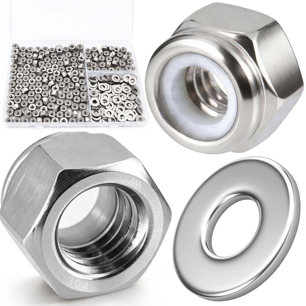 DFDU #8-32 Lock Nut 360Pcs Stainless Steel Nylock Locking Nuts with Washers