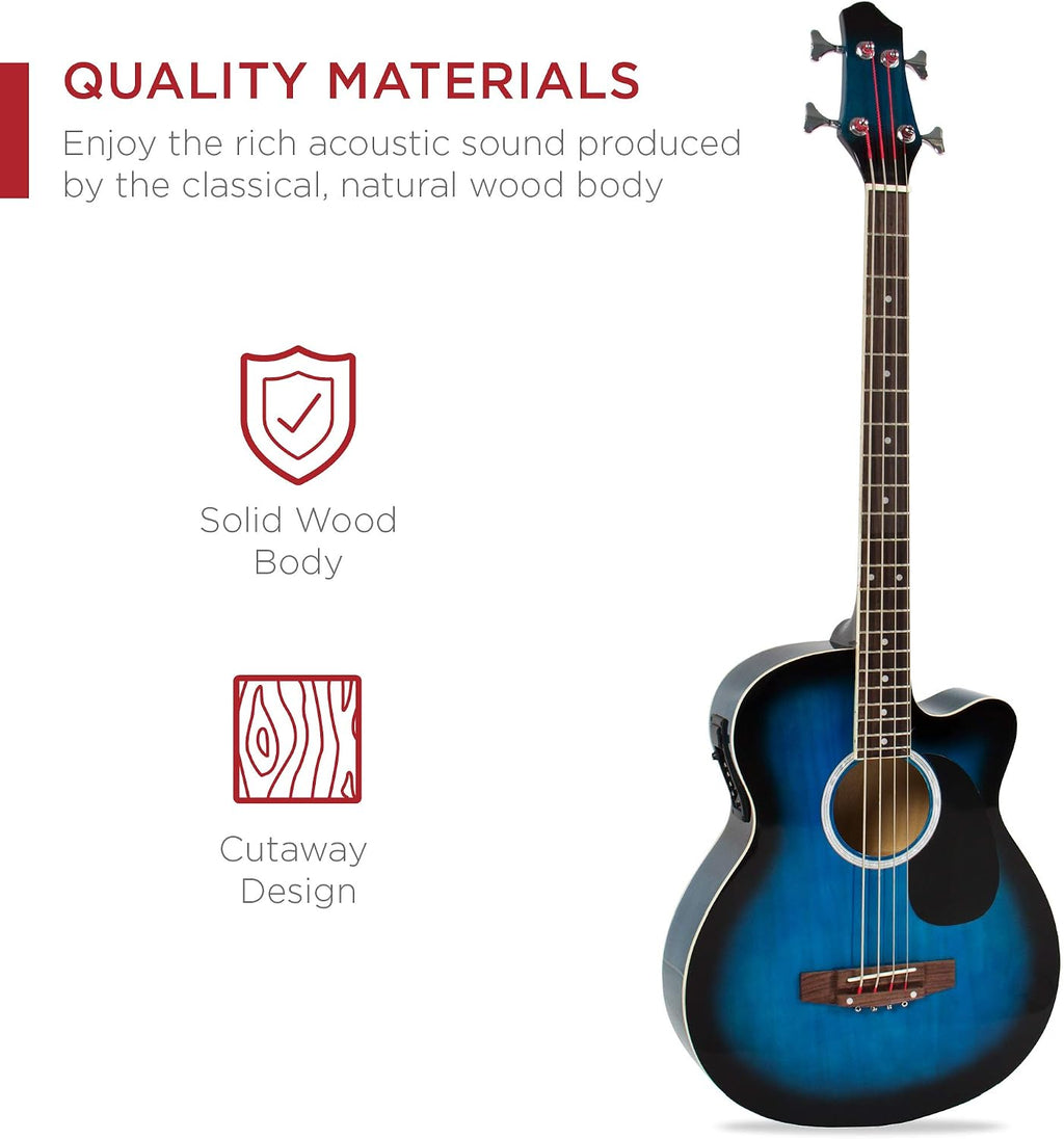 Acoustic Electric Bass Guitar, Full Size 4 String, Fretted Bass Guitar w/Padded Gig Bag - Blue