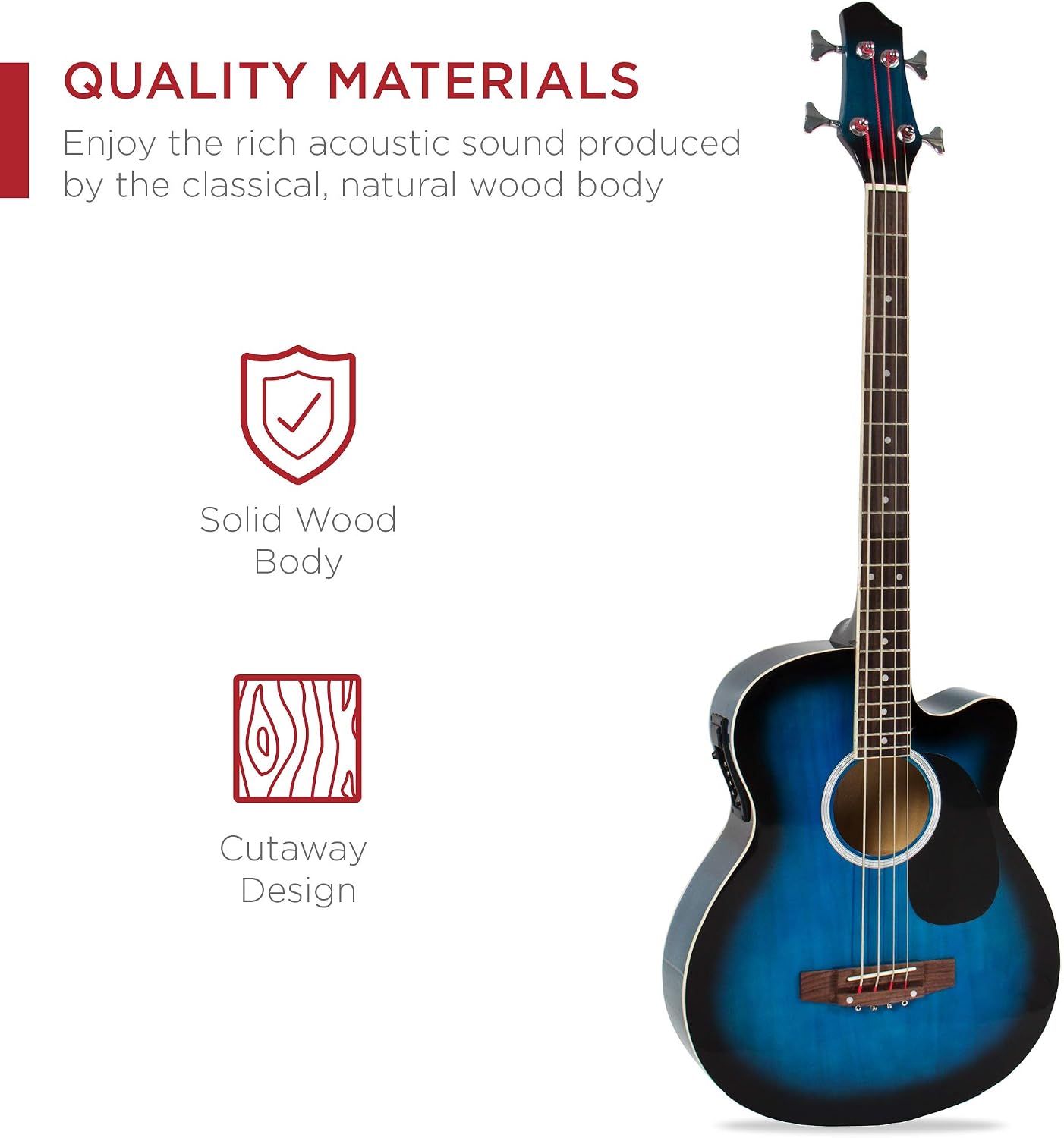 Acoustic Electric Bass Guitar, Full Size 4 String, Fretted Bass Guitar w/Padded Gig Bag - Blue