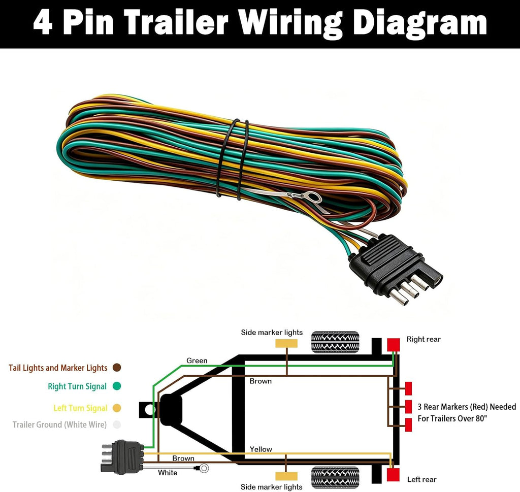 25ft 4 Wire 4-Flat Trailer Light Wiring Harness Extension Kit, Trailer Wiring Harness with 18 Gauge White Ground Wire