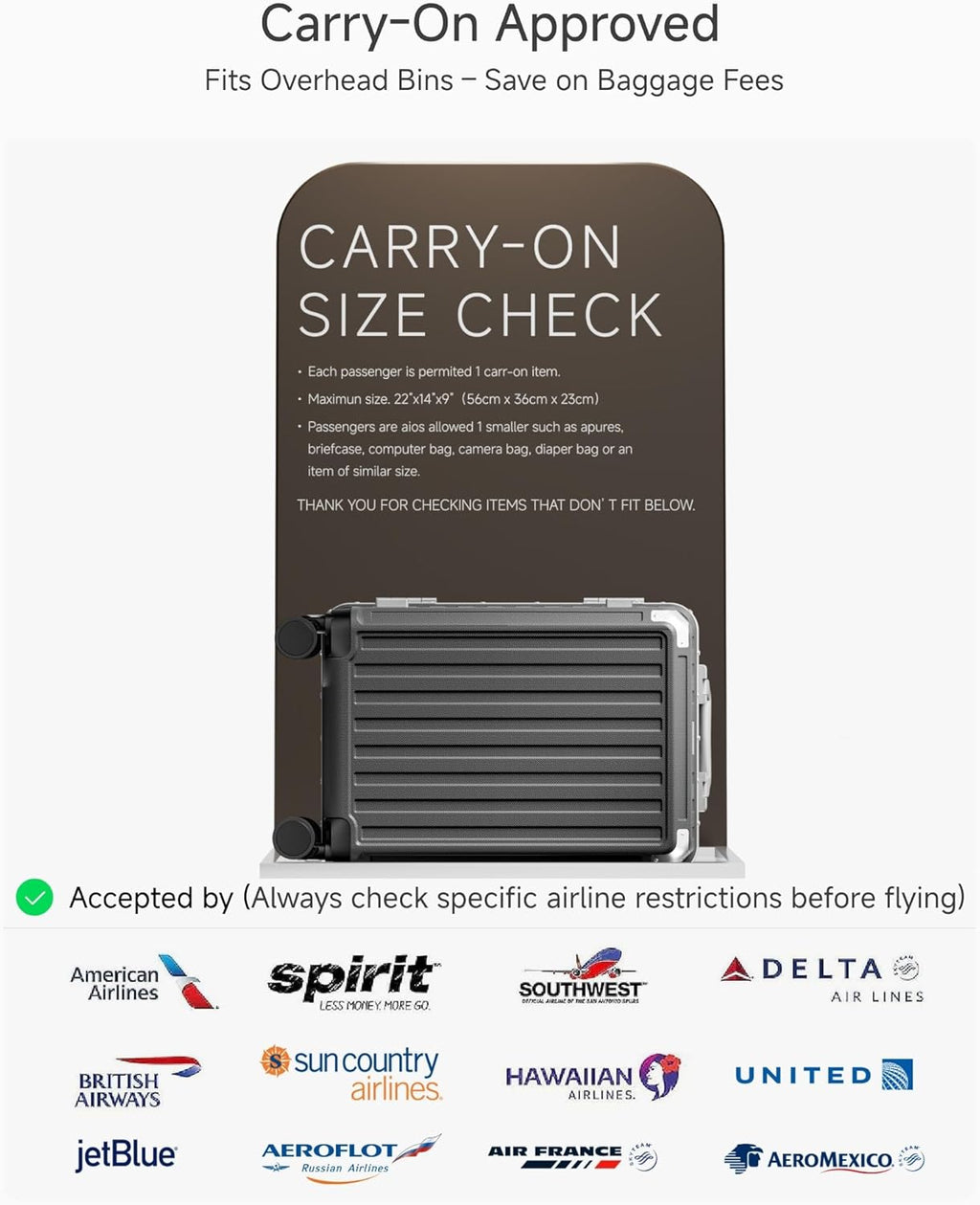 Carry On Luggage with Spinner Wheels, 8010S Aluminum Frame Zipperless Polycarbonate Hard Shell Suitcase (ZX-Core
