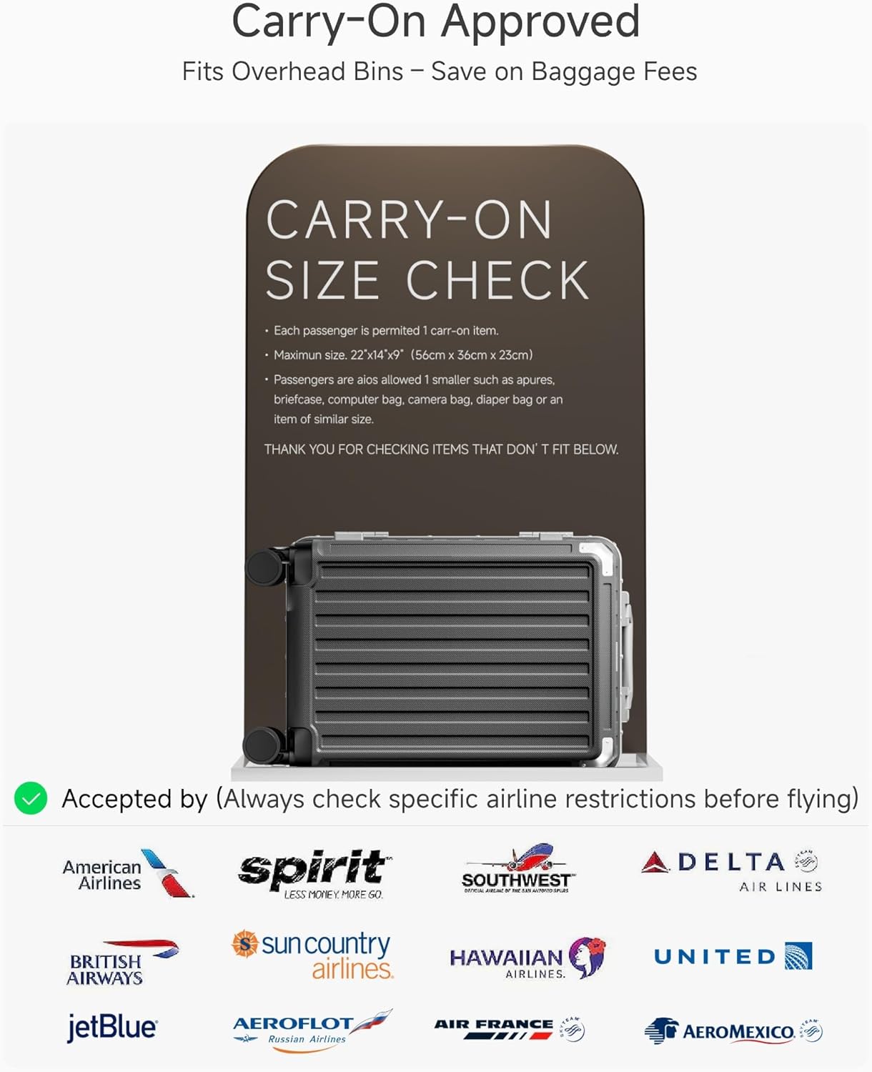 Carry On Luggage with Spinner Wheels, 8010S Aluminum Frame Zipperless Polycarbonate Hard Shell Suitcase (ZX-Core