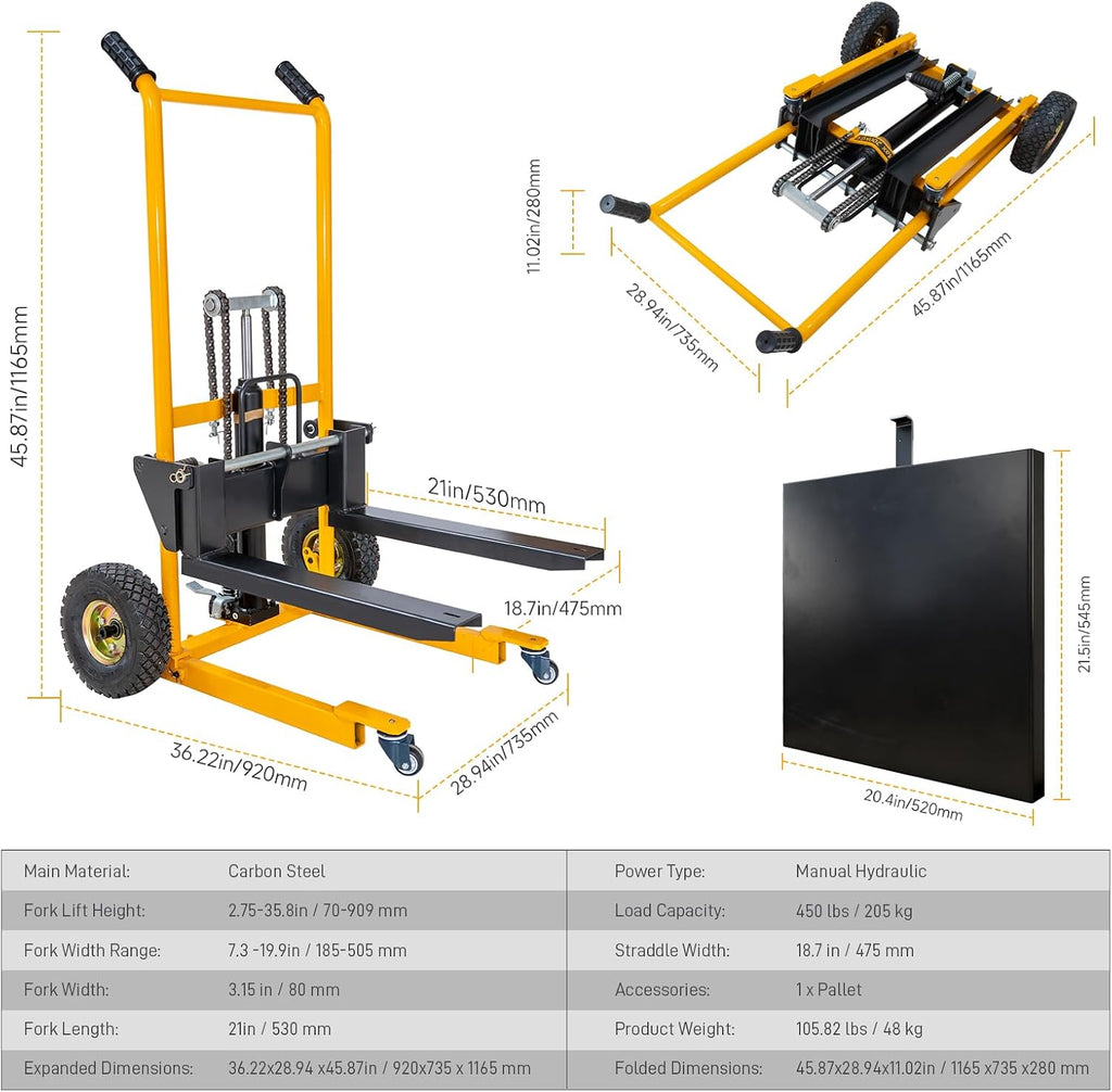 Foldable Hydraulic Material Lift Winch Stacker, 450 Lbs 35.8" Max Lift w/ 9" Wheels 360° Swivel Casters, Pallet Truck