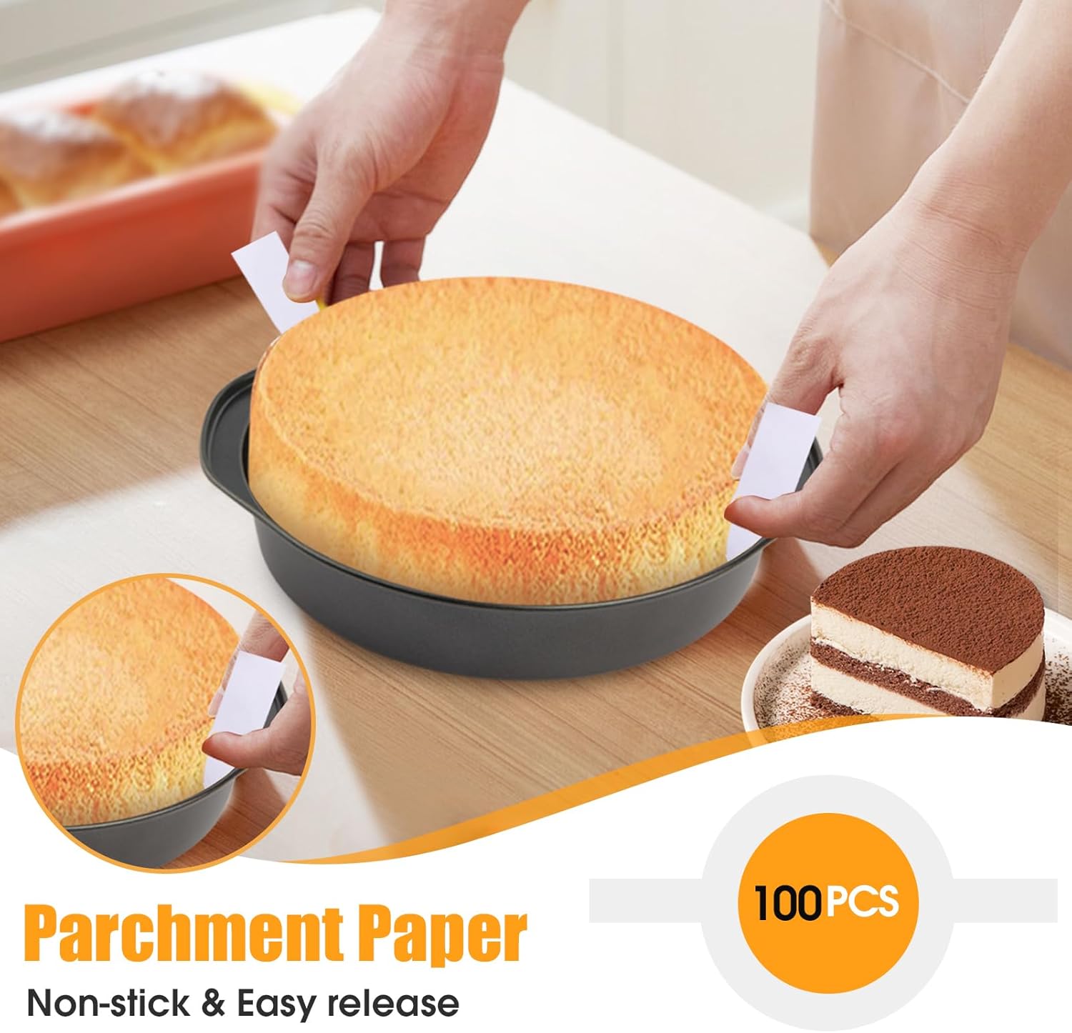 8" Round Cake Pan, 3PCS Nonstick Cake Pans with 100 PCS Parchment Paper, Carbon Steel Cake Baking Pans with Handle