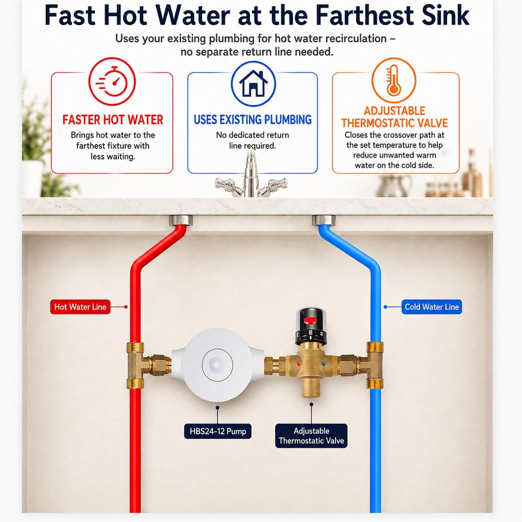 PROZRTED HBS24-12E Hot Water Recirculating Pump, Thermostatic Valve