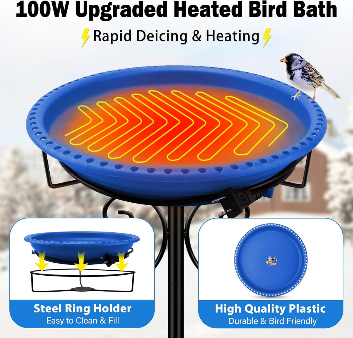 100W Heated Bird Baths for Outdoors, Winter Heated Birdbath, Blue
