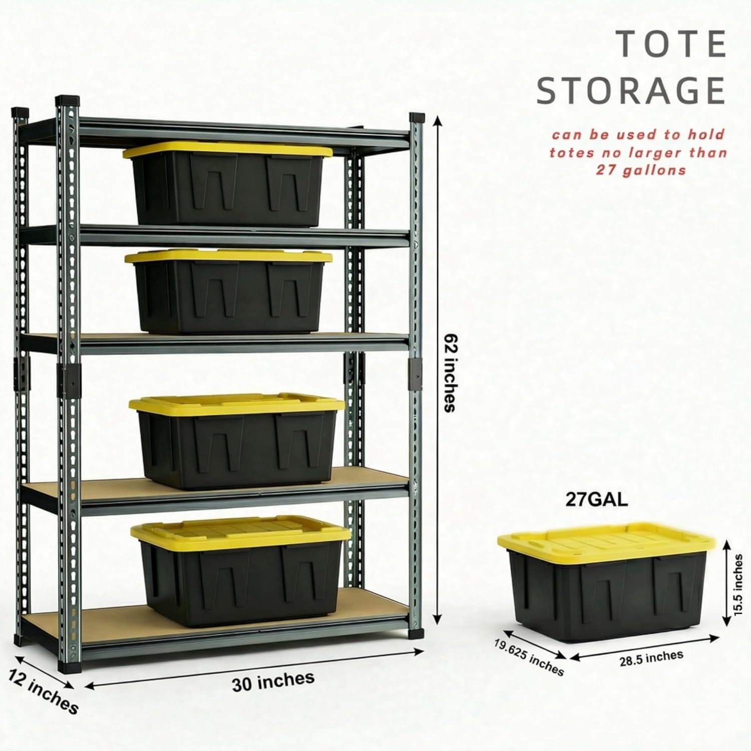 Garage Shelving Heavy Duty, 2450LBS Metal Storage Shelves 5 Tier, Adjustable Shelving Unit 30" W x 12" D x 62" H