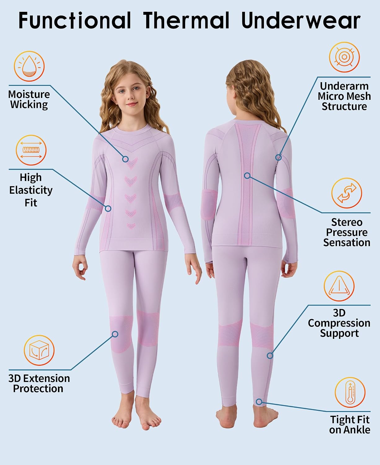 Thermal Underwear for Kids Boys Girls Long Johns Set Base Layer | Unisex, Seamless, Athletic, Breathable, Quick Dry