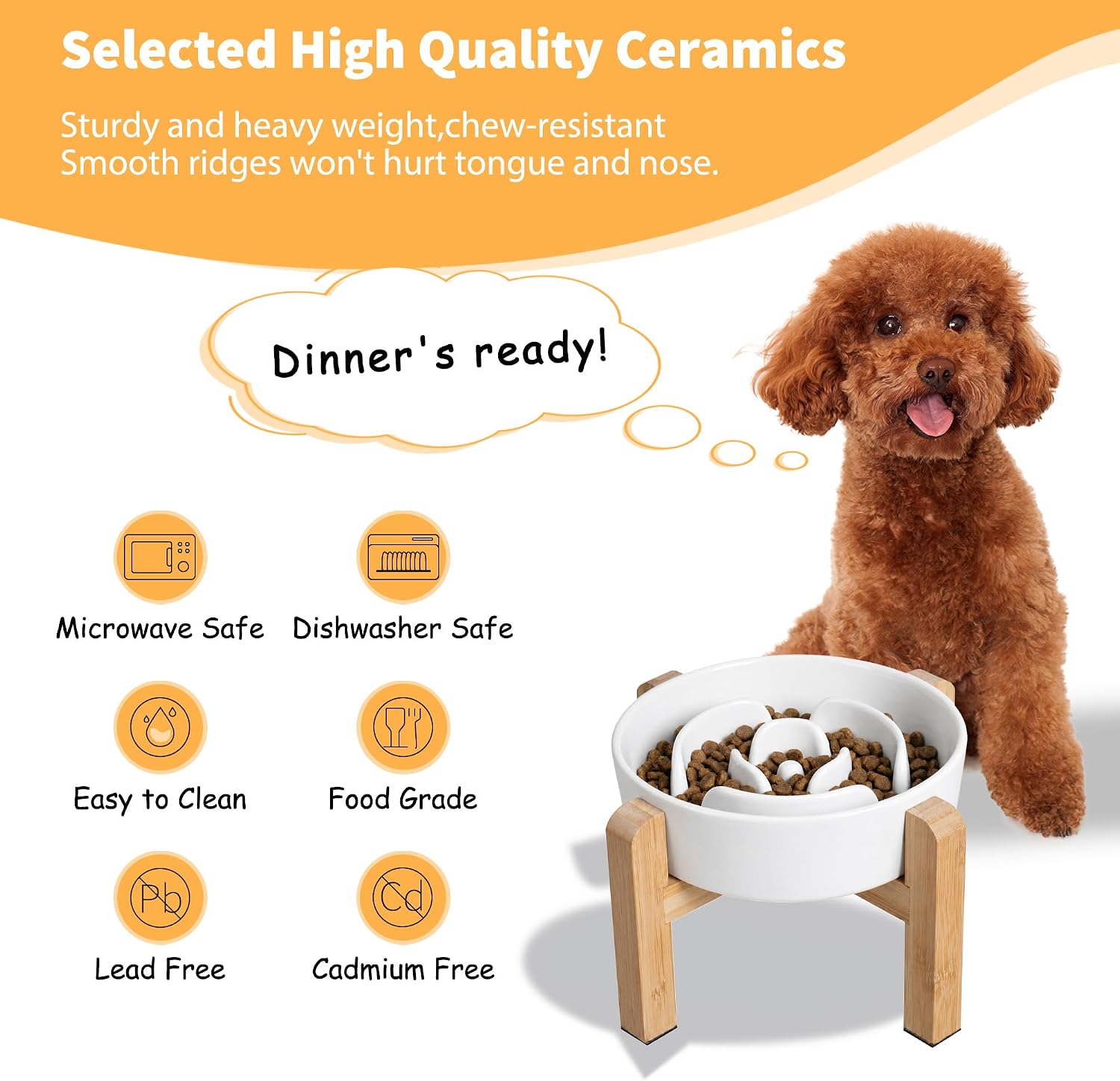 Elevated Slow Feeder Dog Bowl - Ceramic Maze Food Dish with Bamboo Stand - Raised Feeding Bowl for Fast Eaters