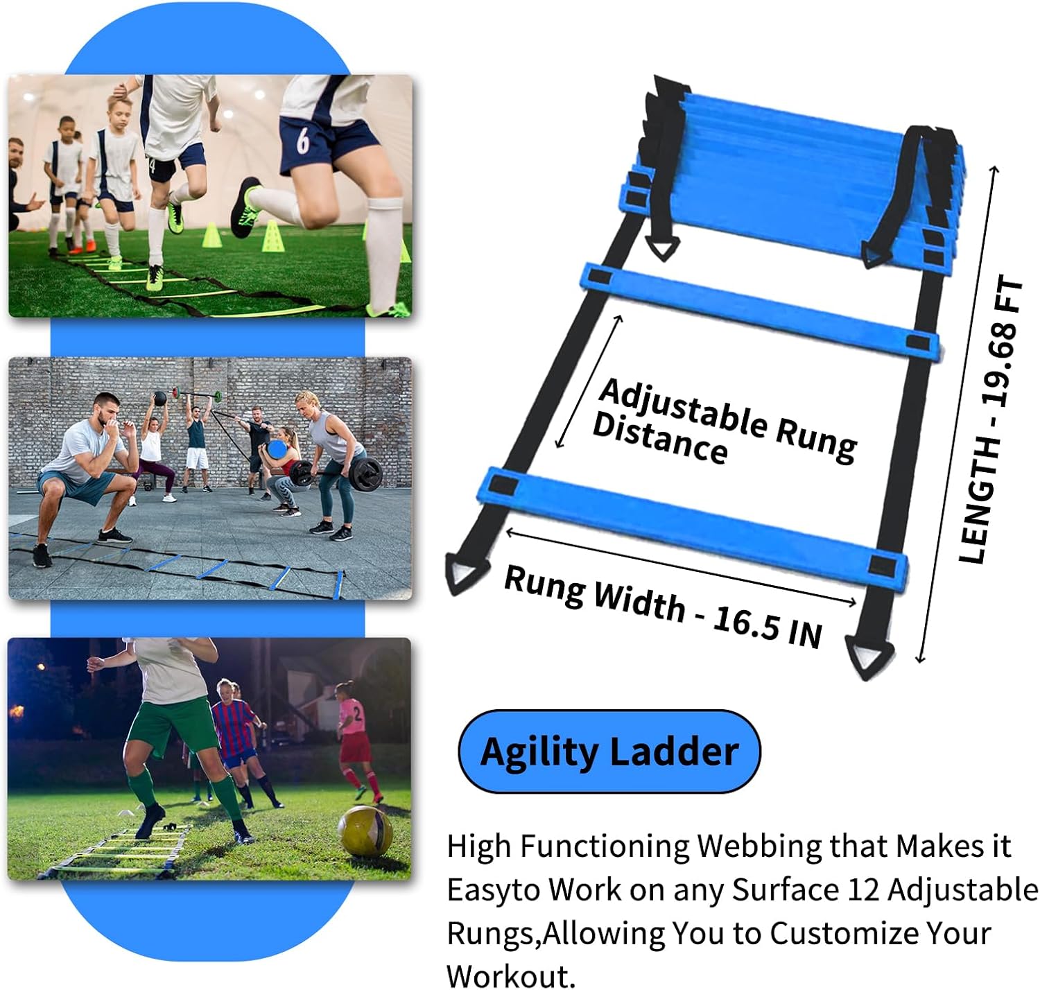 Soccer Agility Training Equipment Set, 12 Rung 20Ft Agility Ladder, 12 Disc Cones, 4 Steel Stakes, Solo Soccer