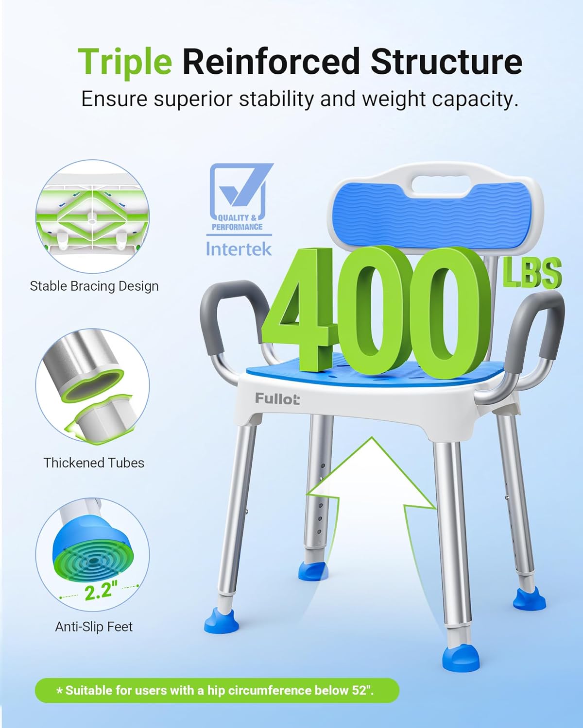Widened Shower Chair for Inside Shower with Padded Back & Arms,400 lbs Heavy Duty & Adjustable Shower Chair for