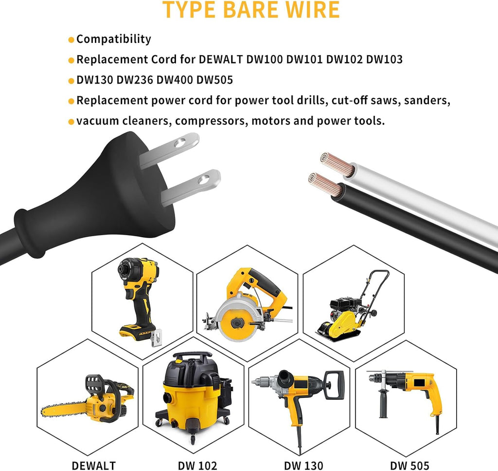 33007298 Power Cord 10FT for DeWalt DW100 DW101 DW120K D26453 DW130 DW236 DW400 etc Drill Shearer Polisher Electric