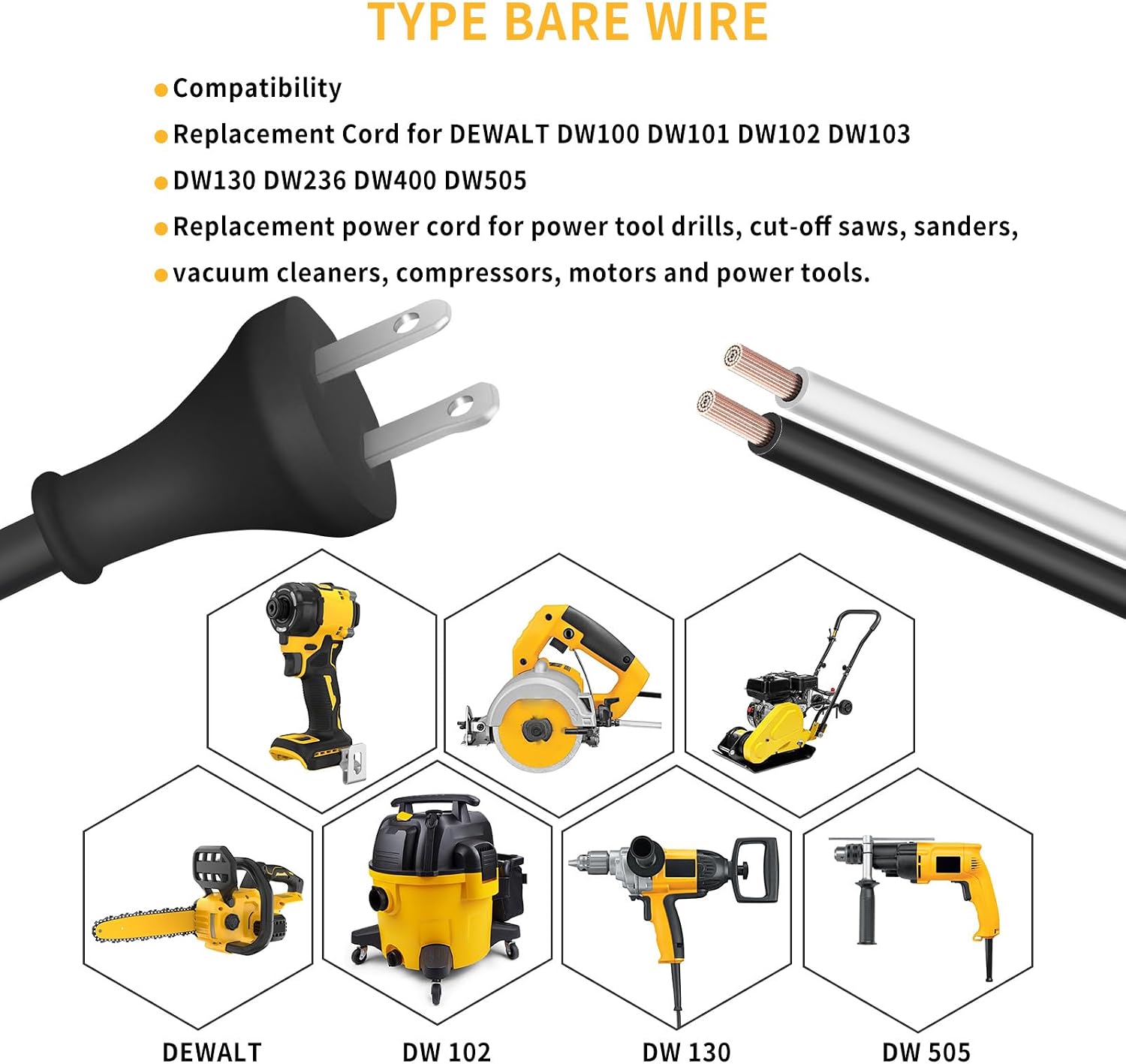 33007298 Power Cord 10FT for DeWalt DW100 DW101 DW120K D26453 DW130 DW236 DW400 etc Drill Shearer Polisher Electric