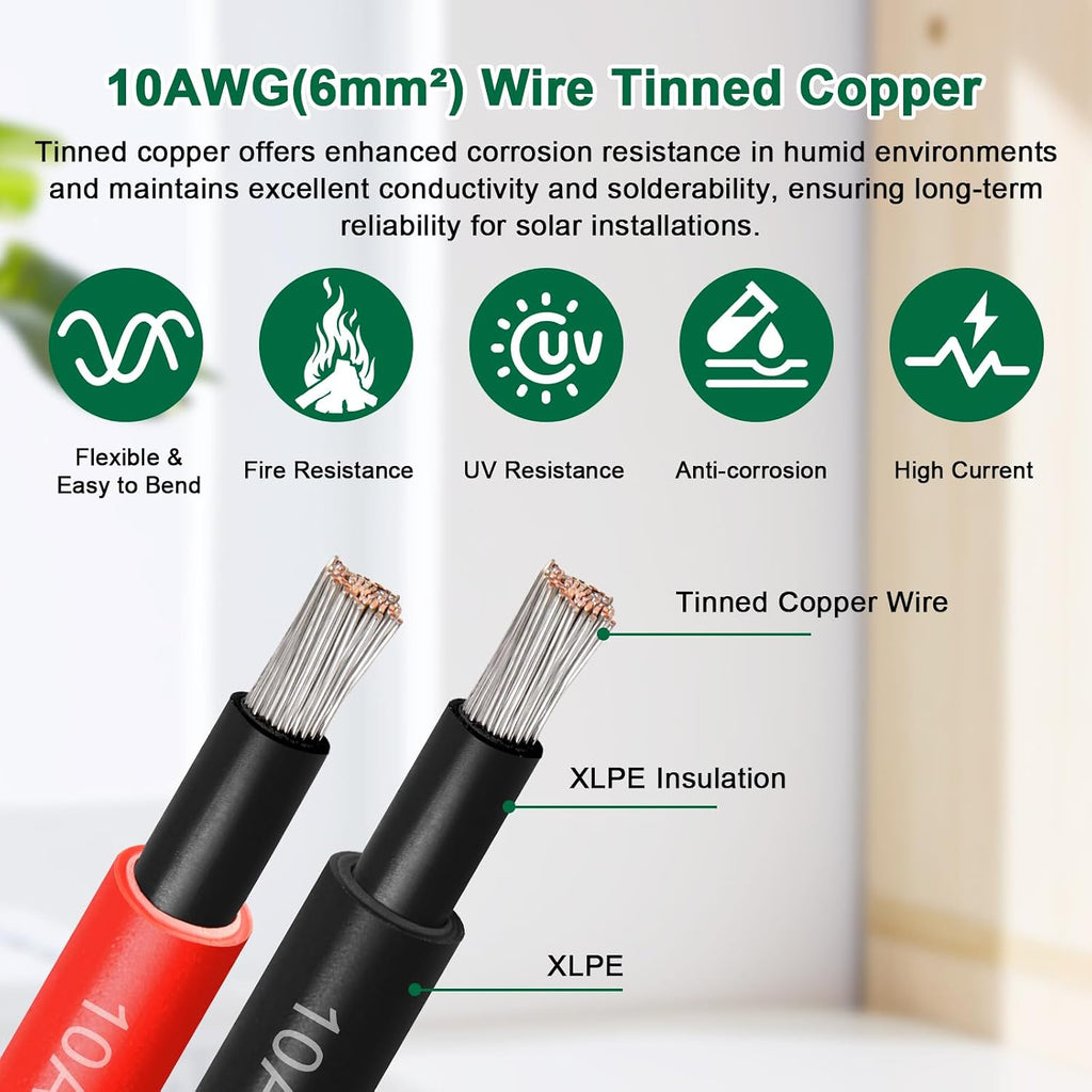 10AWG Solar Cable - 50FT Solar Panel Extension Cord 10 Gauge PV Wire with Flame Retardant Protective Sleeving Female