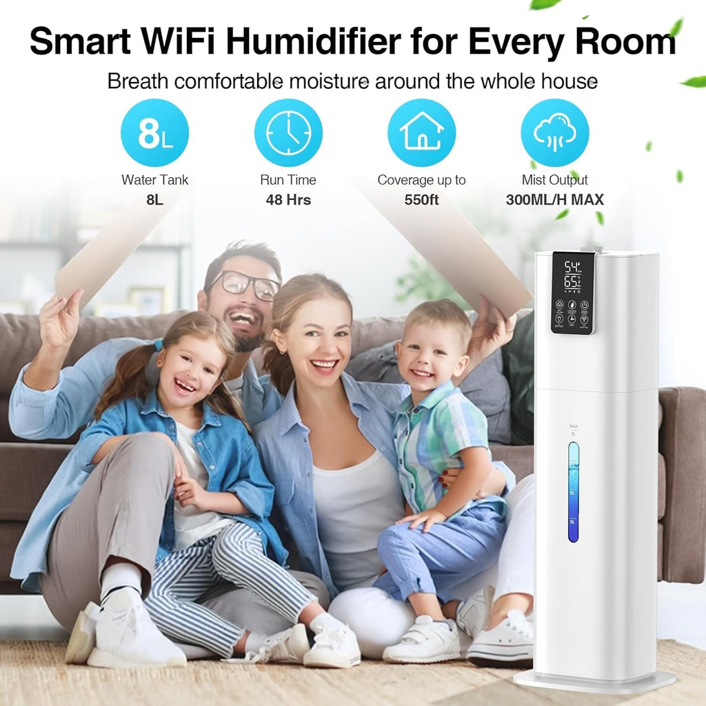 8L/2.1 Gal Smart Humidifier Large Room, Top Fill Cool Mist Humidifiers for Bedroom with App & Remote Control, Night