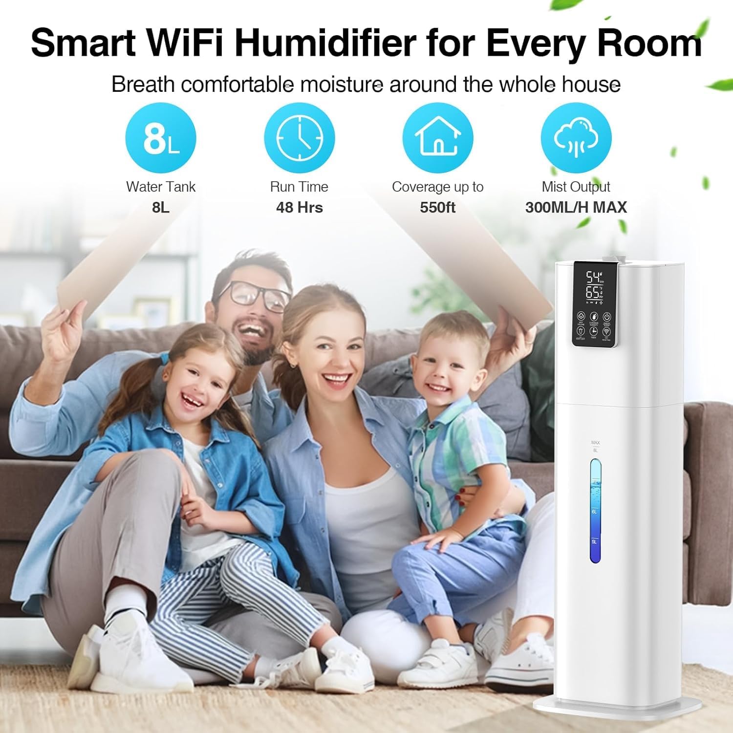 8L/2.1 Gal Smart Humidifier Large Room, Top Fill Cool Mist Humidifiers for Bedroom with App & Remote Control, Night